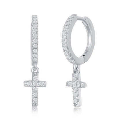 Sterling Silver Small Huggie Hoop CZ Cross Earrings ,