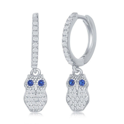 Sterling Silver Small Huggie Hoop CZ Owl Earrings ,