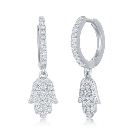 Sterling Silver Small Huggie Hoop Hamsa CZ Earrings ,