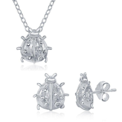Sterling Silver Small Lady Bug Necklace and Earrings Set ,