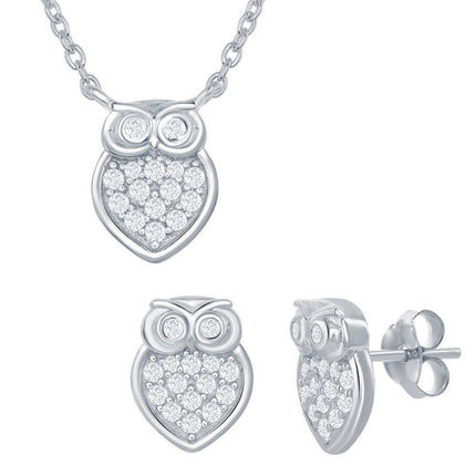 Sterling Silver Small Micro Pave Owl Necklace and Earrings Set ,