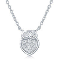 Sterling Silver Small Micro Pave Owl Necklace and Earrings Set ,