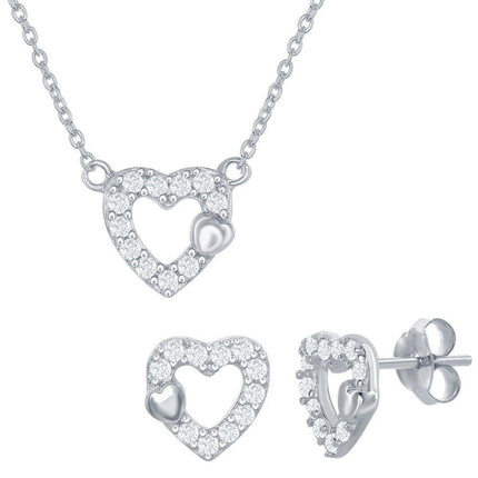 Sterling Silver Small Open CZ Heart Necklace and Earrings Set ,