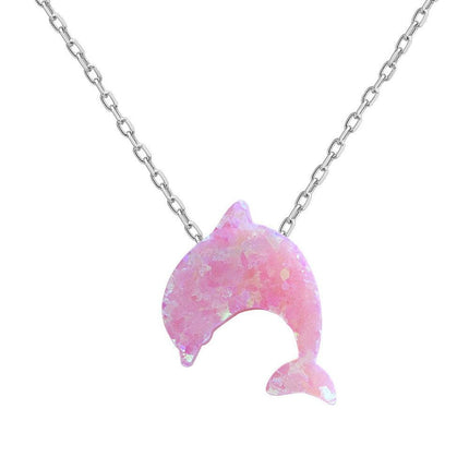 Sterling Silver Small Pink Opal Dolphin Necklace ,