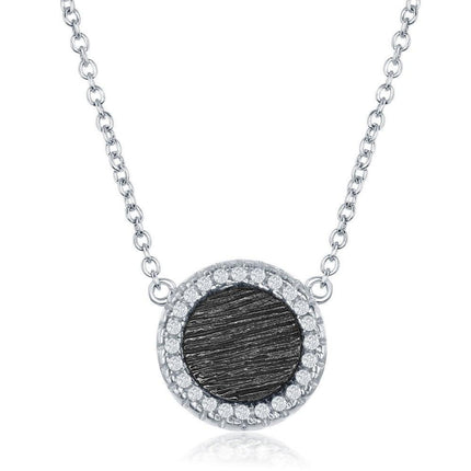 Sterling Silver Small Round with CZ Border Necklace ,