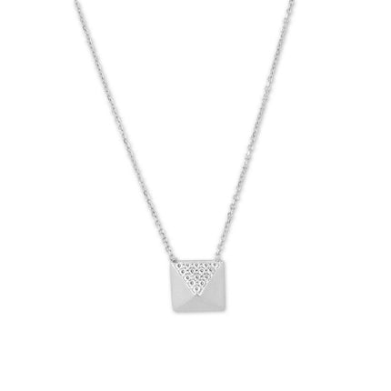 Sterling Silver Small Shiny and CZ Pyramid Necklace ,