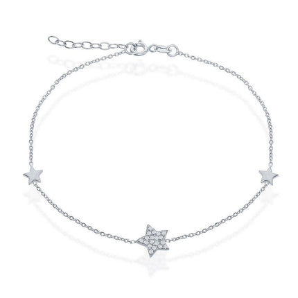 Sterling Silver Small Shiny with Center CZ Star Anklet ,