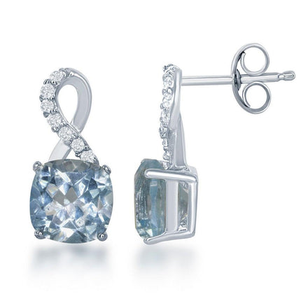 Sterling Silver Small Square Blue Topaz with White Topaz on Top Earrings ,