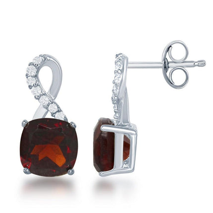 Sterling Silver Small Square Garnet with White Topaz on Top Earrings ,