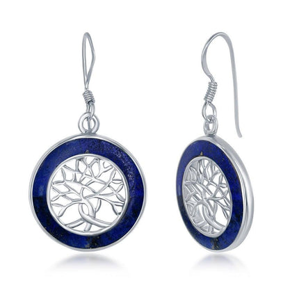 Sterling Silver Small Tree of Life Round Earrings - Lapis ,