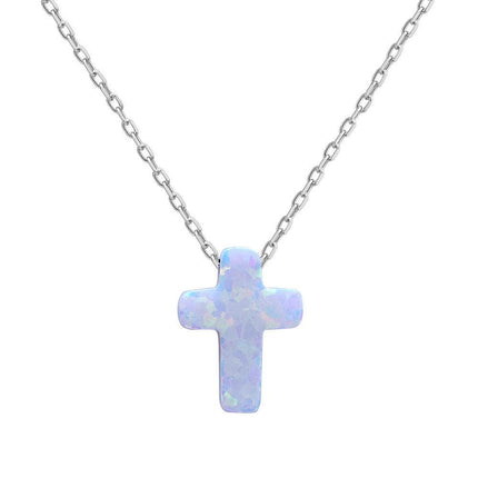 Sterling Silver Small White Opal Cross Necklace ,