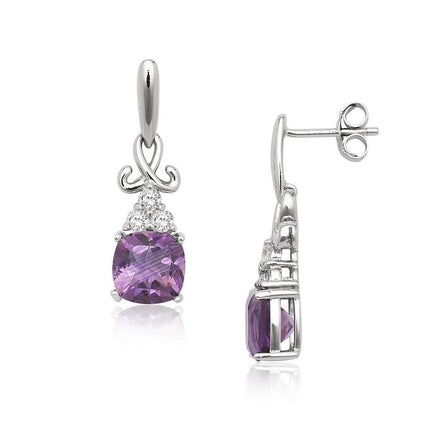 Sterling Silver Small White Topaz with Larger Square Amethyst Earrings ,