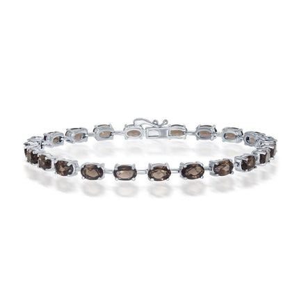 Sterling Silver Smokey Oval Gemstone Link Tennis Bracelet ,