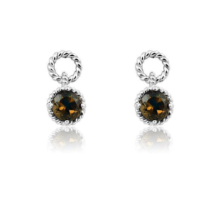 Sterling Silver Smokey Topaz Gemstone Twisted Wire Circle Earrings ,