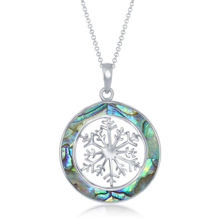 Sterling Silver Snowflake Round Pendant With Chain - Abalone ,