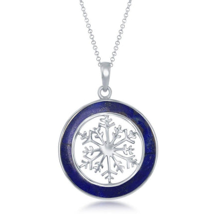 Sterling Silver Snowflake Round Pendant With Chain - Lapis ,