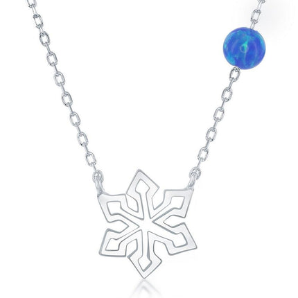 Sterling Silver Snowflake with Blue Opal Bead Necklace ,