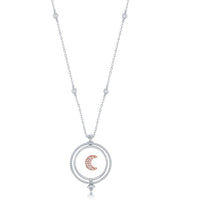 Sterling Silver Spinning Disc Crescent Moon with CZ Necklace ,