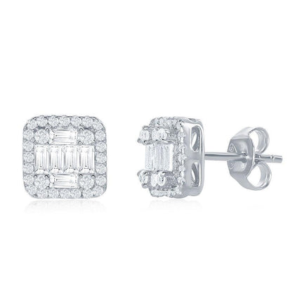 Sterling Silver Square Baguette CZ Stud Earrings ,