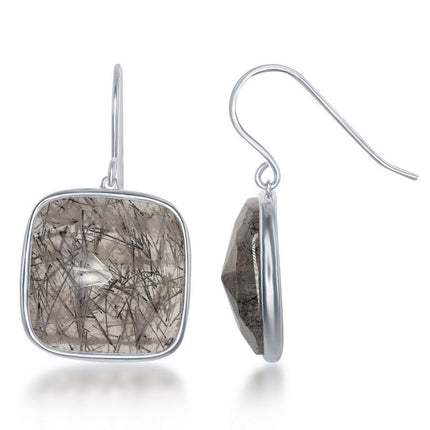 Sterling Silver Square Black Rutilated Quartz Earrings ,