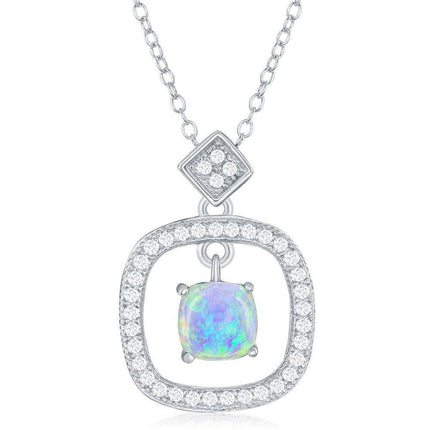 Sterling Silver Square CZ with White Inlay Opal Center Necklace ,