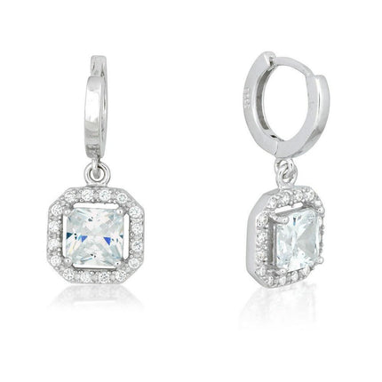 Sterling Silver Square Dangling Clear Pave Earrings ,