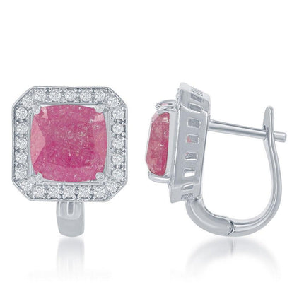 Sterling Silver Square Dark Pink Ice Earrings ,
