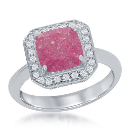 Sterling Silver Square Dark Pink Ice with CZ Ring, Size 7 ,