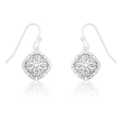 Sterling Silver Square Disc Flower Diamond Earrings ,