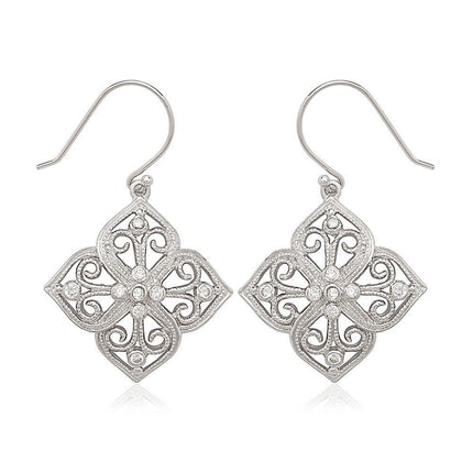 Sterling Silver Square Fancy Design CZ Earrings ,