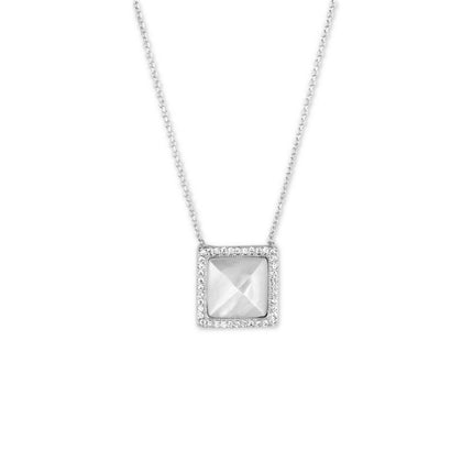 Sterling Silver Square MOP Micro Pave CZ Necklace ,