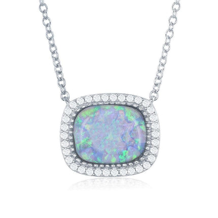 Sterling Silver Square Opal with Cubic Zirconia Border Necklace ,