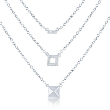 Sterling Silver Square Triple Chain with CZ Necklace ,