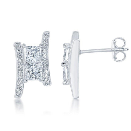 Sterling Silver Square Two Stone CZ Earrings ,