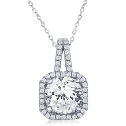 Sterling Silver Square with Large CZ Center & CZ Border Pendant ,