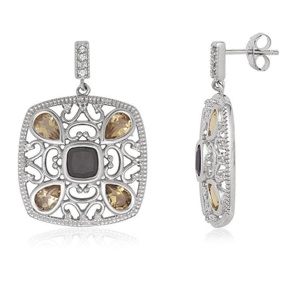 Sterling Silver Square with Smoky Quartz Earrings ,