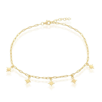Sterling Silver Starburst Charms Paperclip Anklet - Gold Plated ,