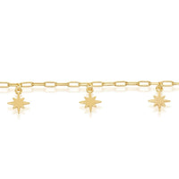 Sterling Silver Starburst Charms Paperclip Anklet - Gold Plated ,