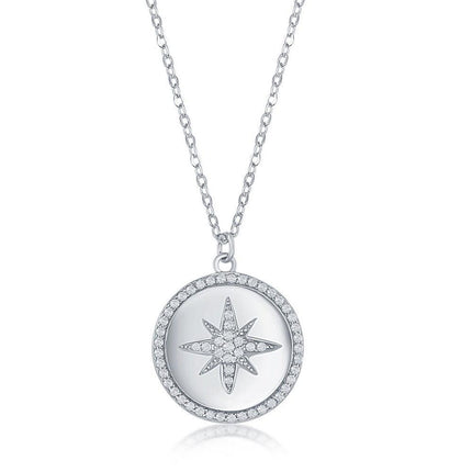 Sterling Silver Starburst Micro Pave CZ Disc Necklace ,