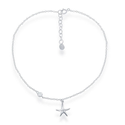 Sterling Silver Starfish with Single Cubic Zirconia Anklet ,
