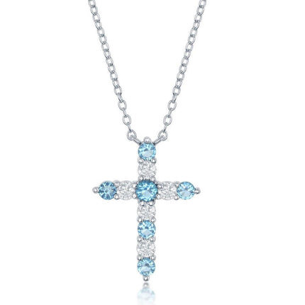 Sterling Silver Swiss Blue CZ December Birthstone Cross Necklace ,