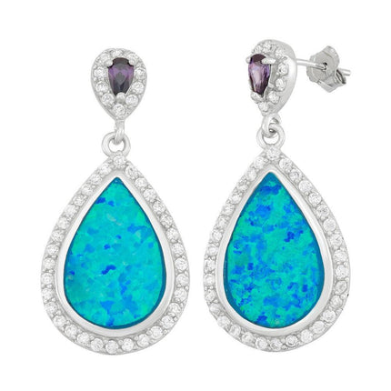 Sterling Silver Tear Shaped Opal with CZs Earrings ,
