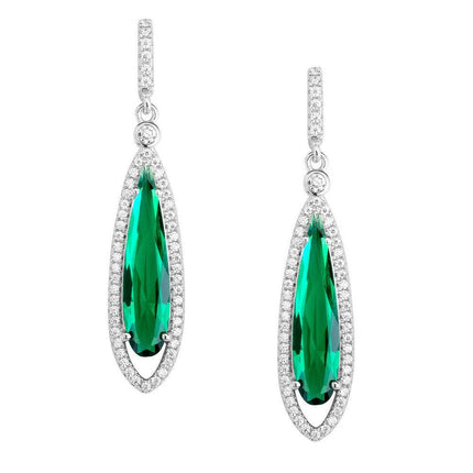 Sterling Silver Teardrop Dark Green CZ Earrings ,