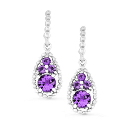 Sterling Silver Tearshaped Cluster of Round Amethyst Earrings ,