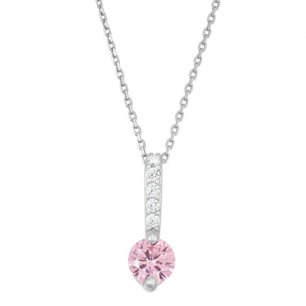 Sterling Silver Thin CZ Bar and Pink CZ End Pendant ,