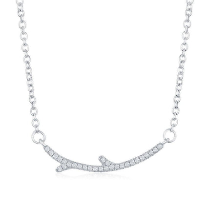 Sterling Silver Thin CZ Branch-Like Bar Necklace ,