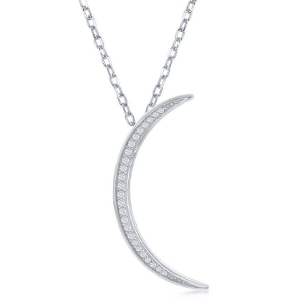 Sterling Silver Thin CZ Crescent Moon Pendant ,