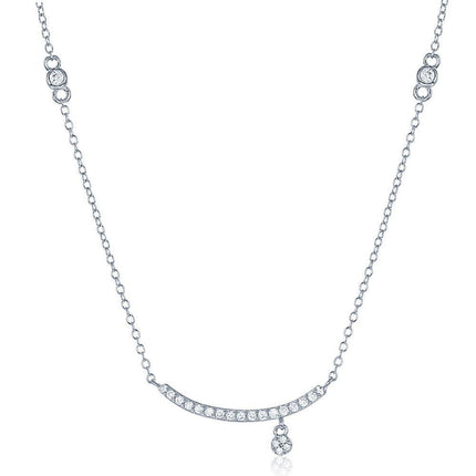 Sterling Silver Thin CZ Curved Bar with Charm Necklace ,