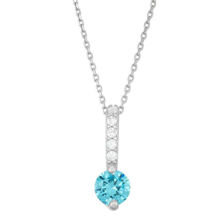 Sterling Silver Thin Light Blue CZ Bar with Round CZ End Pendant ,