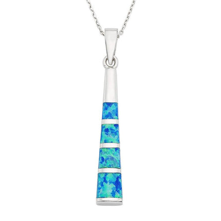 Sterling Silver Thin Long Blue Inlay Opal Long Pendant ,